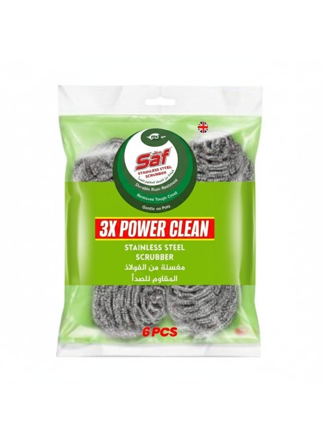 SAF Stainless Steel Spiral Scrub Sponge – Pack of 6, Heavy Duty Metal Scouring Pads for Kitchen Cleaning, Removes Tough Grease & Burnt Food, Reusable Dish & Cookware Scrubbers - Image 1